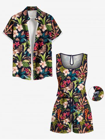 Matching Hawaii Shirt and Romper Plus Size Beach Outfit Tropical Leaf Hibiscus Printed for Couples