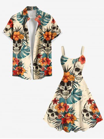 Skulls Tropical Leaf Hibiscus Flowers Print Plus Size Matching Hawaii Beach Outfit For Couples