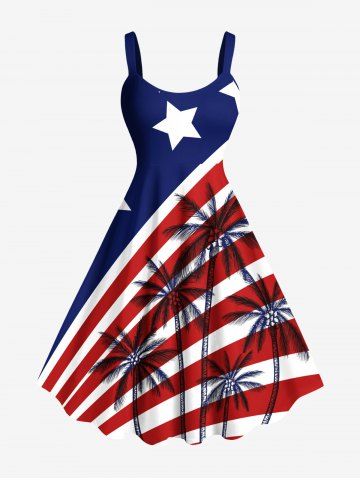 Plus Size Patriotic American Flag Coconut Tree Print Hawaii Tank Dress - RED - L