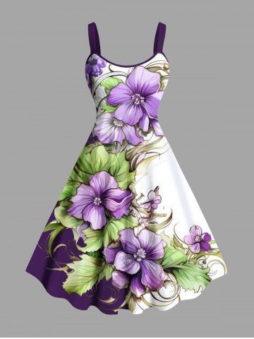 Plus Size Tropical Leaf Hibiscus Flowers Colorblock Print Hawaii Tank Dress - PURPLE - 6X