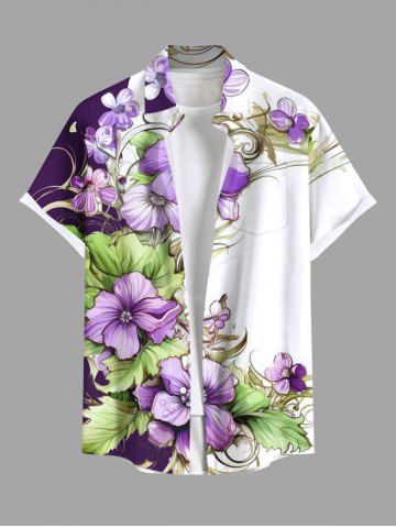 Plus Size Tropical Leaf Hibiscus Flowers Colorblock Print Buttons Pocket Hawaii Shirt For Men - LIGHT PURPLE - 4XL