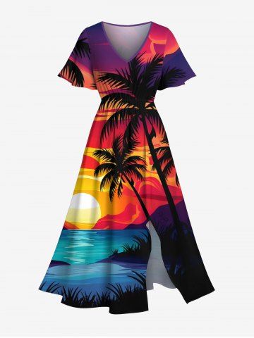 Plus Size Coconut Tree Sun Seascape Cloud Print Split Hawaii Midi Dress - RED - 6X