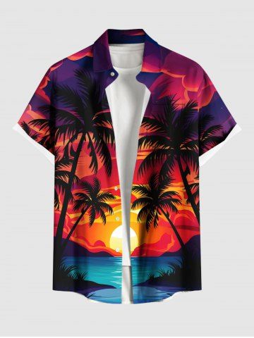 Plus Size Coconut Tree Sun Seascape Cloud Print Buttons Pocket Hawaii Shirt For Men - RED - XL