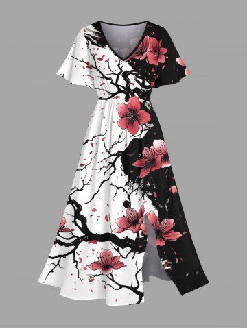 Plus Size Ink Painting Peach Blossom Flower Branch Print Split Hawaii Midi Dress - BLACK - 6X