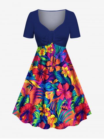 Plus Size Tropical Leaf Hibiscus Flower Print Cinched Hawaii Dress - BLUE - 6X