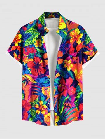 Plus Size Tropical Leaf Hibiscus Flower Print Buttons Pocket Hawaii Shirt For Men - RED - XL