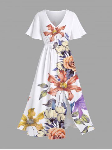 Plus Size Colorful Floral Leave Branch Print Hawaii Split Pocket A Line Midi Dress - WHITE - XXS