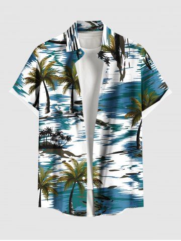 Plus Size Coconut Tree Sea Sailboat Print Hawaii Button Pocket Shirt For Men - GREEN - L