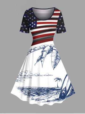 Plus Size Patriotic American Flag Tropical Leaf Coconut Tree Print Hawaii Vintage Dress - WHITE - L