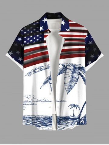 Plus Size Patriotic American Flag Tropical Leaf Coconut Tree Print Buttons Pocket Hawaii Shirt For Men - WHITE - L