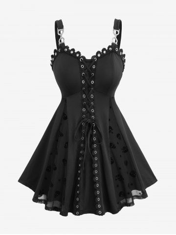 Plus Size Floral Mesh Jacquard Embroidery Patchwork Lace Up Grommet Trim Backless Tank Top - BLACK - L | US 12