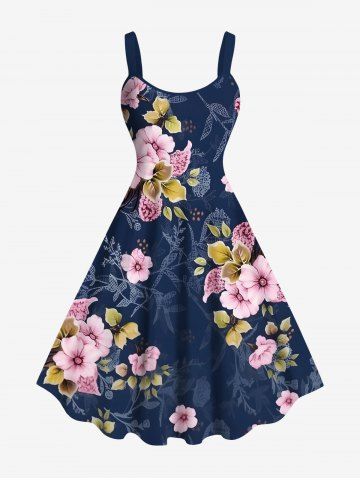 Plus Size Ombre Floral Leaves Branch Print Hawaii A Line Tank Dress