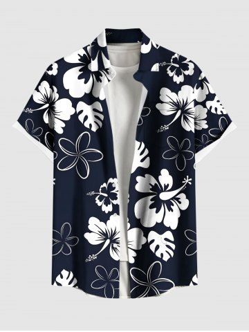 Plus Size Tropical Leaves Hibiscus Floral Two Tone Print Hawaii Button Pocket Shirt For Men - BLACK - 4XL