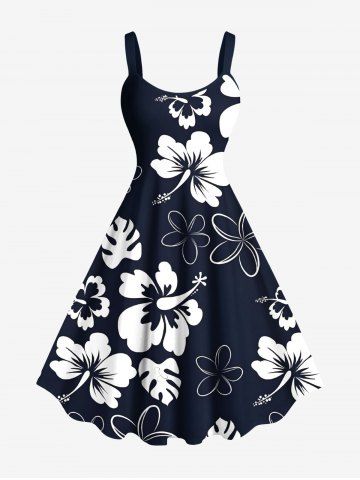 Plus Size Tropical Leaves Hibiscus Floral Two Tone Print Hawaii A Line Tank Dress - DEEP BLUE - L