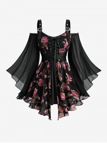 Plus Size Cold Shoulder Flare Sleeves Rose Flower Print Lace Up Belted 2 in 1 Top - BLACK - S | US 8