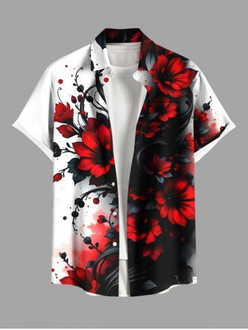 Plus Size Ink Painting Flowers Leaf Print Buttons Pocket Hawaii Shirt For Men - BLACK - 5XL