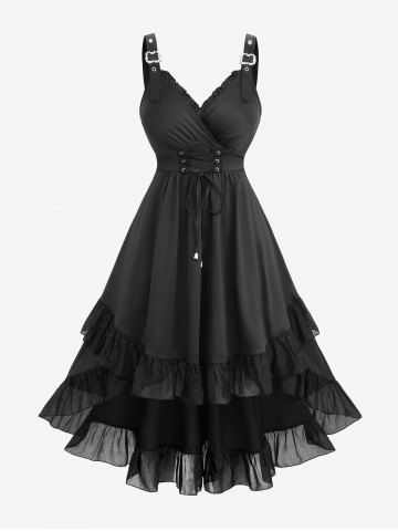 Plus Size Grommets Lace Up Buckle Surplice Ruffles High Low Vintage Tank Dress - BLACK - 5X | US 30-32