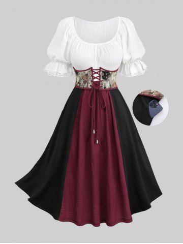 Plus Size Lace-up Grommets Corset Ruffles Lace Trim Patchwork Dress - MULTI-F - 3X | US 22-24
