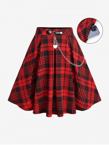 Plaid Print Heart Chain Pocket A Line Skirt - RED - M