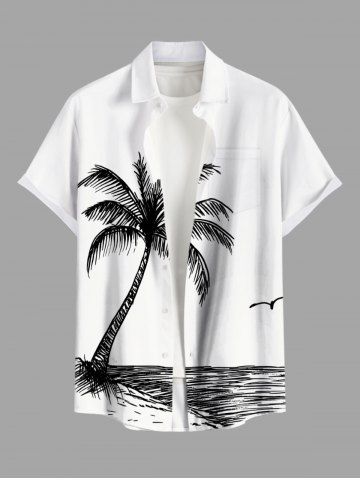 Plus Size Coconut Tree Sea Bird Hand-painted Print Hawaii Button Pocket Shirt For Men - WHITE - 4XL