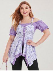 Plus Size Flowers Plaid Print Lace Up Ruffles Ruched Asymmetrical Cold Shoulder Blouse -  
