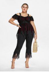 Lace Up Mesh Cold Shoulder Asymmetrical Blouse and Scalloped Tassel Flare Pants Plus Size Outfit -  