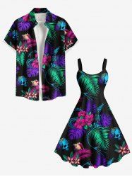 Colorful Tropical Leaf Flower Skull Skeleton Mermaid Snake Print Plus Size Matching Hawaii Beach Outfit For Couples -  