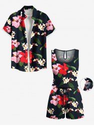 Ensemble chemise et barboteuse hawaïennes assorties, tenue de plage grande taille, imprimé fleurs et feuilles colorées, pour couples - Noir 