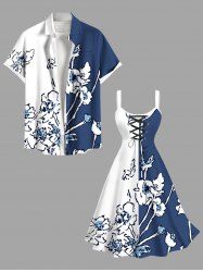Floral Butterfly Colorblock Print Plus Size Matching Hawaii Beach Outfit For Couples -  
