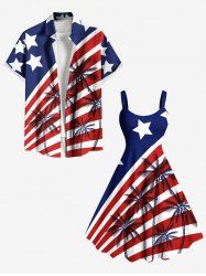 Patriotic American Flag Coconut Tree Print Plus Size Matching Outfit For Couples -  