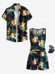 Ensemble chemise et barboteuse hawaïennes assorties, grande taille, tenue de plage, imprimé feuilles tropicales et hibiscus, pour couples - Noir 
