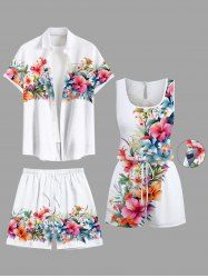 Matching Hawaii Shirt and Romper Plus Size Beach Outfit Tropical Leaf Hibiscus Printed for Couples -  