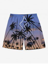 Short de plage hawaïen grande taille à cordon de serrage et imprimé cocotiers ombré ciel pour homme - Bleu 2XL