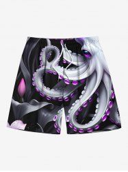 Plus Size Octopus Tropical Leaf Print Hawaii Drawstring Beach Shorts For Men -  