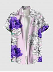 Plus Size Two Tone Floral Print Hawaii Button Pocket Shirt For Men -  