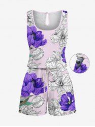 Plus Size Two Tone Floral Print Hawaii Drawstring Pocket Romper -  