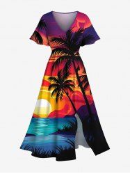 Plus Size Coconut Tree Sun Seascape Cloud Print Split Hawaii Midi Dress -  