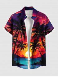 Chemise hawaïenne grande taille à imprimé cocotier, soleil, paysage marin, nuages, boutons et poches pour homme - Rouge S