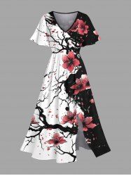 Plus Size Ink Painting Peach Blossom Flower Branch Print Split Hawaii Midi Dress -  
