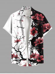Plus Size Ink Painting Peach Blossom Flower Branch Print Buttons Pocket Hawaii Shirt For Men -  