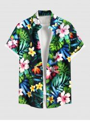 Plus Size Tropical Leaf Hibiscus Flowers Print Buttons Pocket Hawaii Shirt For Men -  
