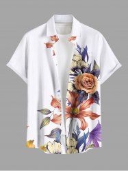 Plus Size Colorful Floral Leave Branch Print Hawaii Button Pocket Shirt For Men -  