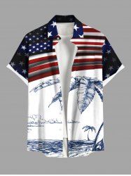 Plus Size Patriotic American Flag Tropical Leaf Coconut Tree Print Buttons Pocket Hawaii Shirt For Men -  