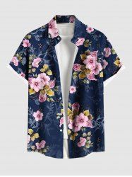 Plus Size Ombre Flower Leaf Branch Print Hawaii Button Pocket Shirt For Men -  