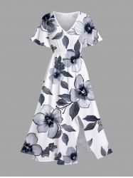 Plus Size Hibiscus Flower Leaf Branch Print Hawaii Split Pocket A Line Midi Dress -  