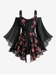 Plus Size Cold Shoulder Flare Sleeves Rose Flower Print Lace Up Belted 2 in 1 Top -  