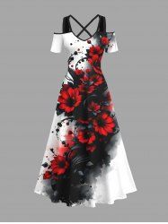 Plus Size Ink Painting Flowers Leaf Print Cold Shoulder Crisscross Hawaii Maxi Dress -  
