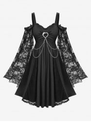 Plus Size Ruched Heart Buckle Ruffles Cold Shoulder Floral Lace Flare Sleeves Dress -  