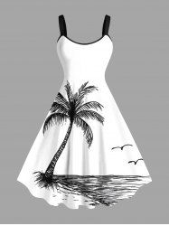 Robe débardeur grande taille à imprimé hawaïen peint à la main avec cocotier et oiseaux marins - Blanc 4X