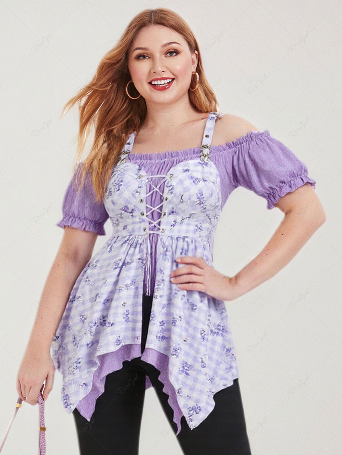Online Plus Size Flowers Plaid Print Lace Up Ruffles Ruched Asymmetrical Cold Shoulder Blouse  